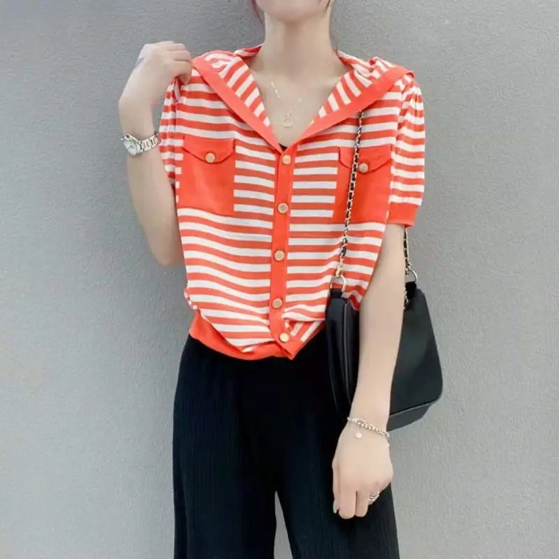 

Fashion Hooded Knitted Button Spliced All-match Striped Shirt Women's Clothing 2023 Summer New Casual Tops Loose Commute Blouse