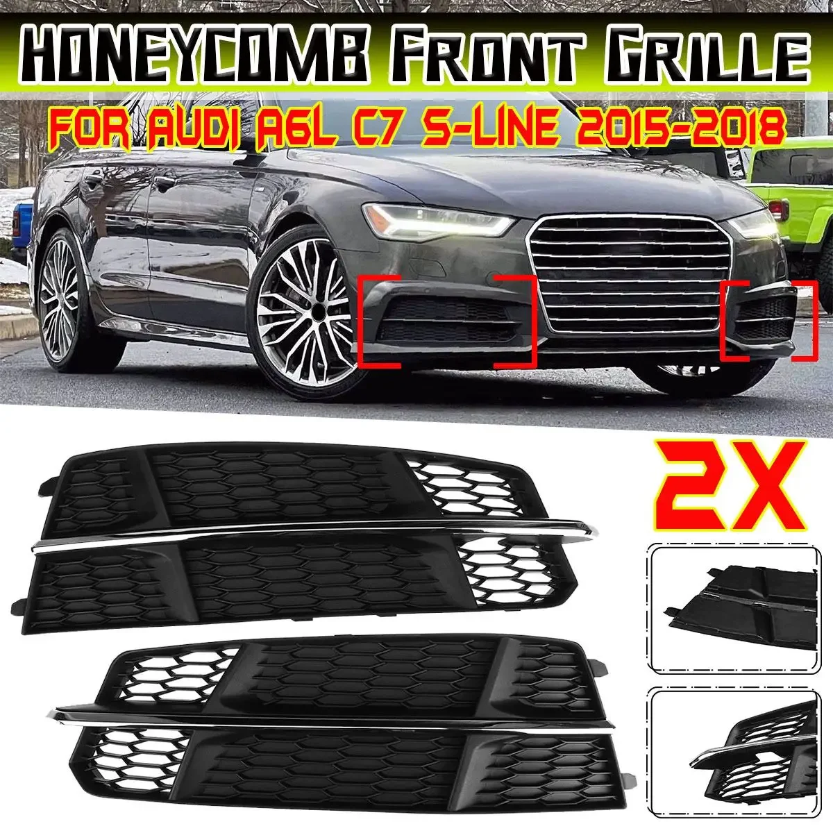 

New 2x Car Front Bumper Fog Lamp Surround Grill Protector For AUDI A6L C7 S-Line 2015-2018 HONEYCOMB HEX Fog Light Cover Trim