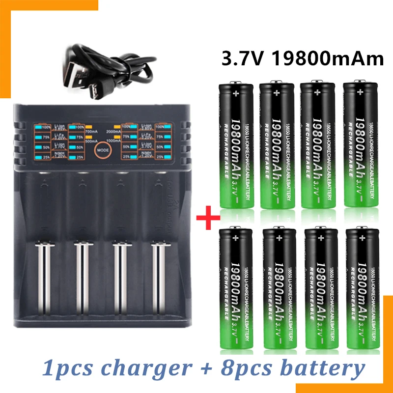 

New Multipurpose 18650 Battery 3.7v19800mah Rechargeable Li-ion Battery with Charger for Flashlight Electric Shaver Toys Etc