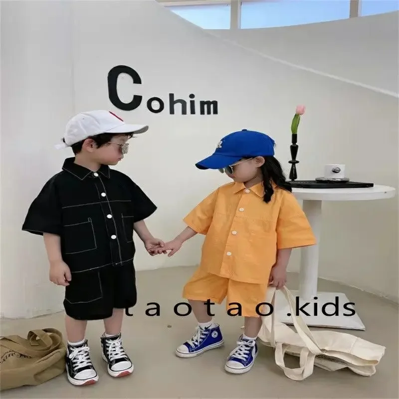 2-9Y Boys Girls Workwear Style Short Sleeve Cotton Set Summer Baby Fashion Korean Two Piece Casual Shirt+Shorts Outfits
