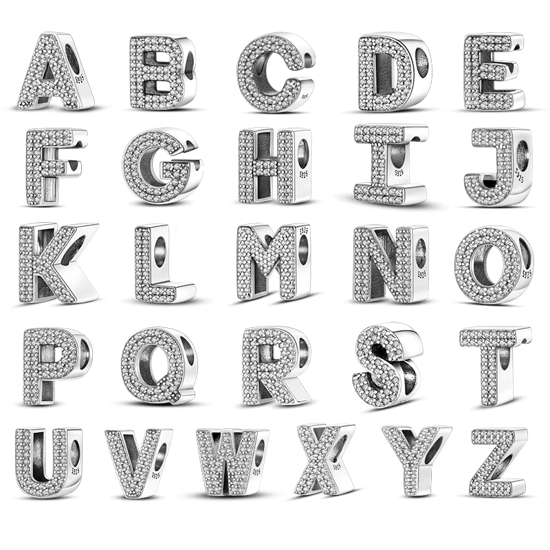 925 Sterling Silver Fit 925 Original Bracelet DIY A-Z Alphabet Charms Bead CZ Zircon LOVE Letter Dangle Pendant Jewelry Gift