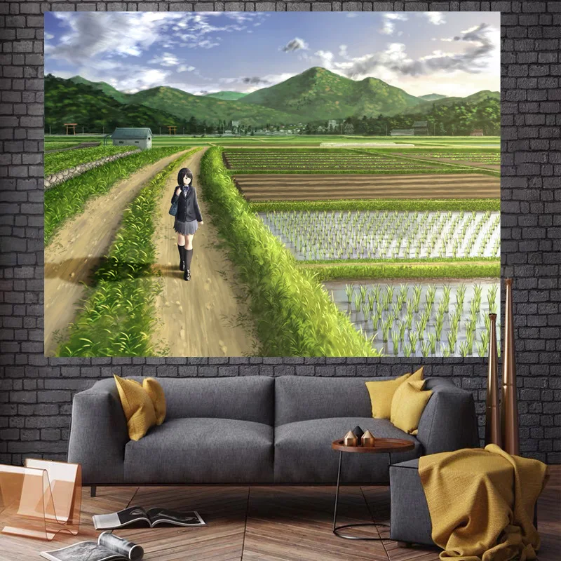 

Country Flower Field Nature Tapestry Sunset Meadow Rural Trees Idyllic Scene Tapestries Bedroom Living Room Decor Wall Hanging