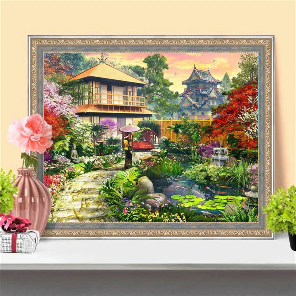HUACAN 5D DIY Diamond Painting Japanese Garden Landscape Diamond Embroidery Cross Stitch House Mosaic Needlework Decor For Home