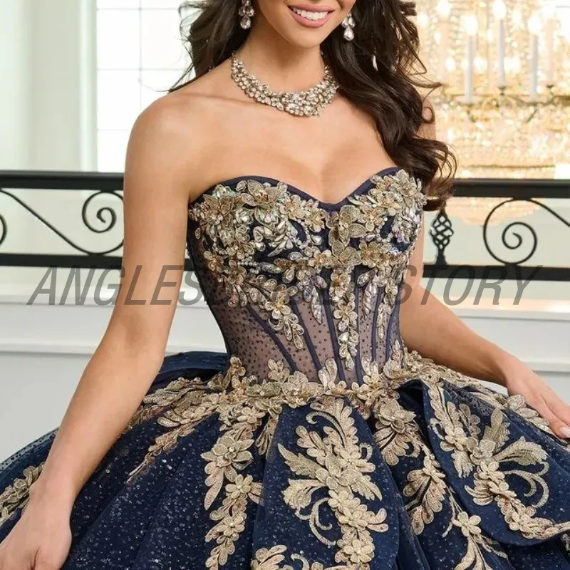 Luxury Navy Blue Quinceanera Dresses Strapless SweetHeart Gold Appliques Beads Crystal Tull Corset Sweet 16 Dress Customized