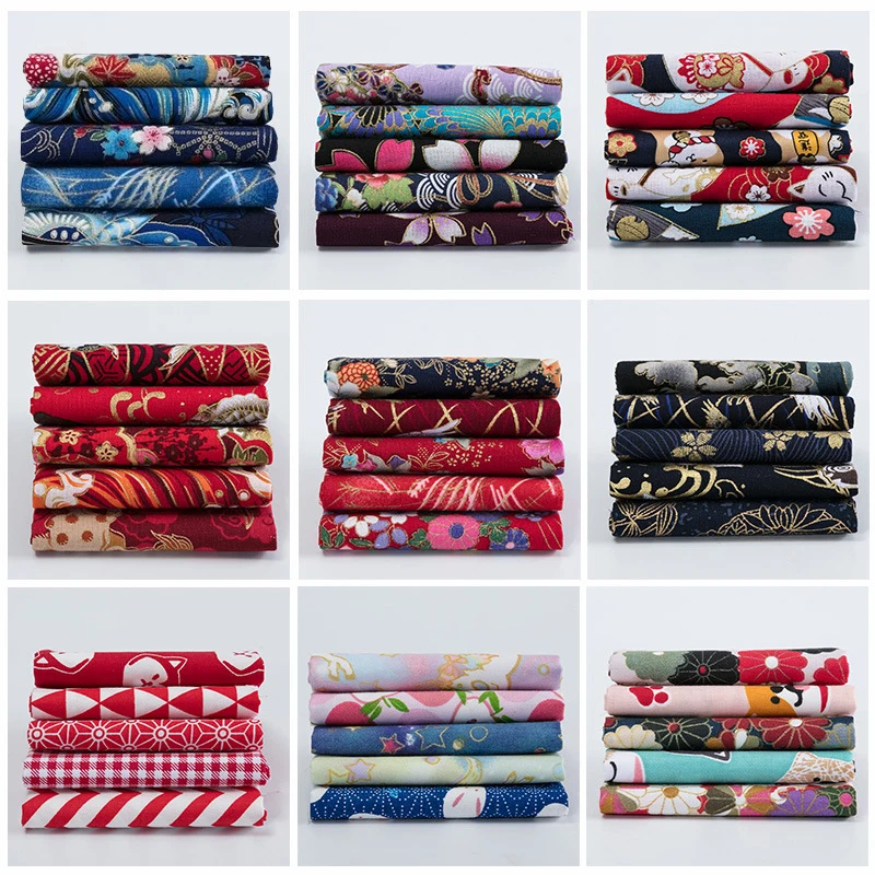 5pcs Japanese Style Bronzing Cotton Fabric Clouds Cat Dog Cherry Blossoms Printed Sewing Accessories By The Meter