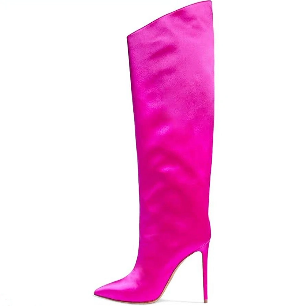 Metallic Leather Women Knee High Boots Candy Color 12cm Stilettos Pointed Toe Fashion Female Big