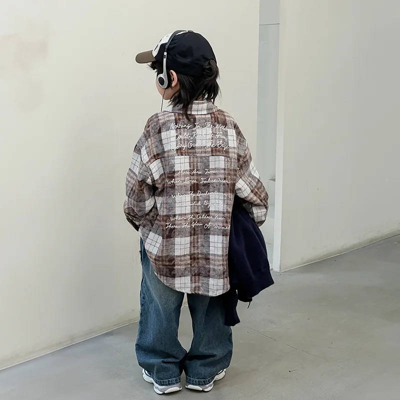 아동용 긴팔 격자 무늬 셔츠, 빈티지 가디건, 새로운 라펠 탑 재킷, 남아용 용수철, 2024 패션 복장