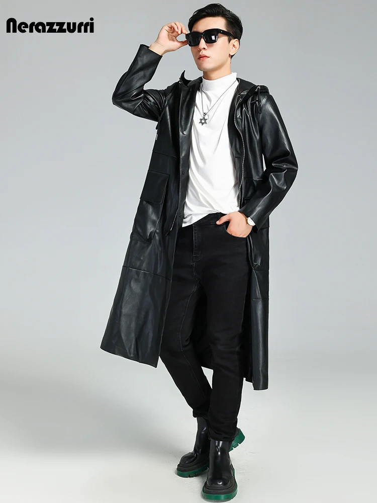 Nerazzurri Autumn Long Waterproof Black Soft Pu Leather Trench