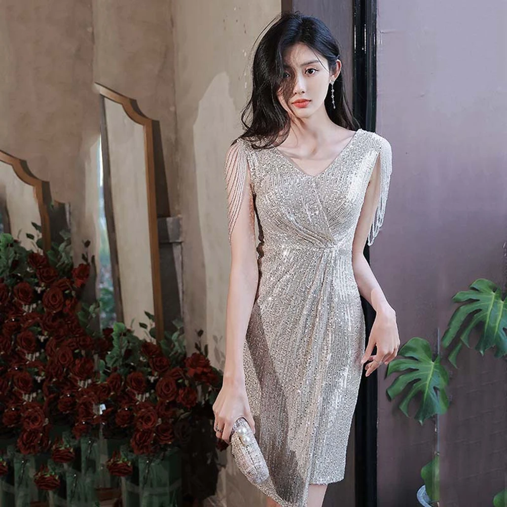 O-neck Sleeveless Short Prom Mini Sequins Party Dress Shinning A-line Sexy Robe De Soiree