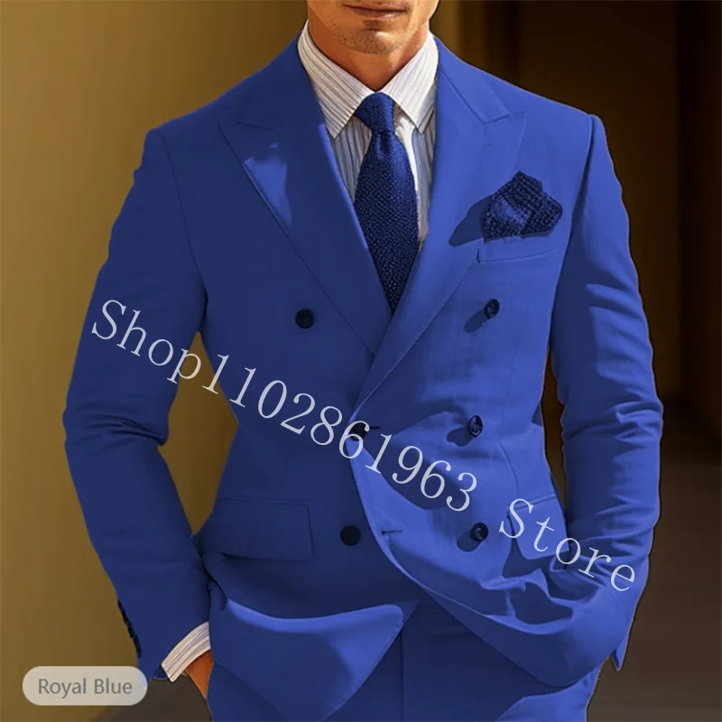 khaki Linen 2 Pieces Men Suit Slim Fit Peak Lapel Double Breasted Best Men Groom Wedding Party Tuxedo Blazer Pants Costume Homme