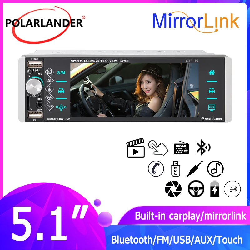 

1 Din Car Radio Multimedia MP5 Player Mirror Link Built-in Carplay FM AM Autoradio 5.1" Bluetooth Touch Screen Intelligent Voice