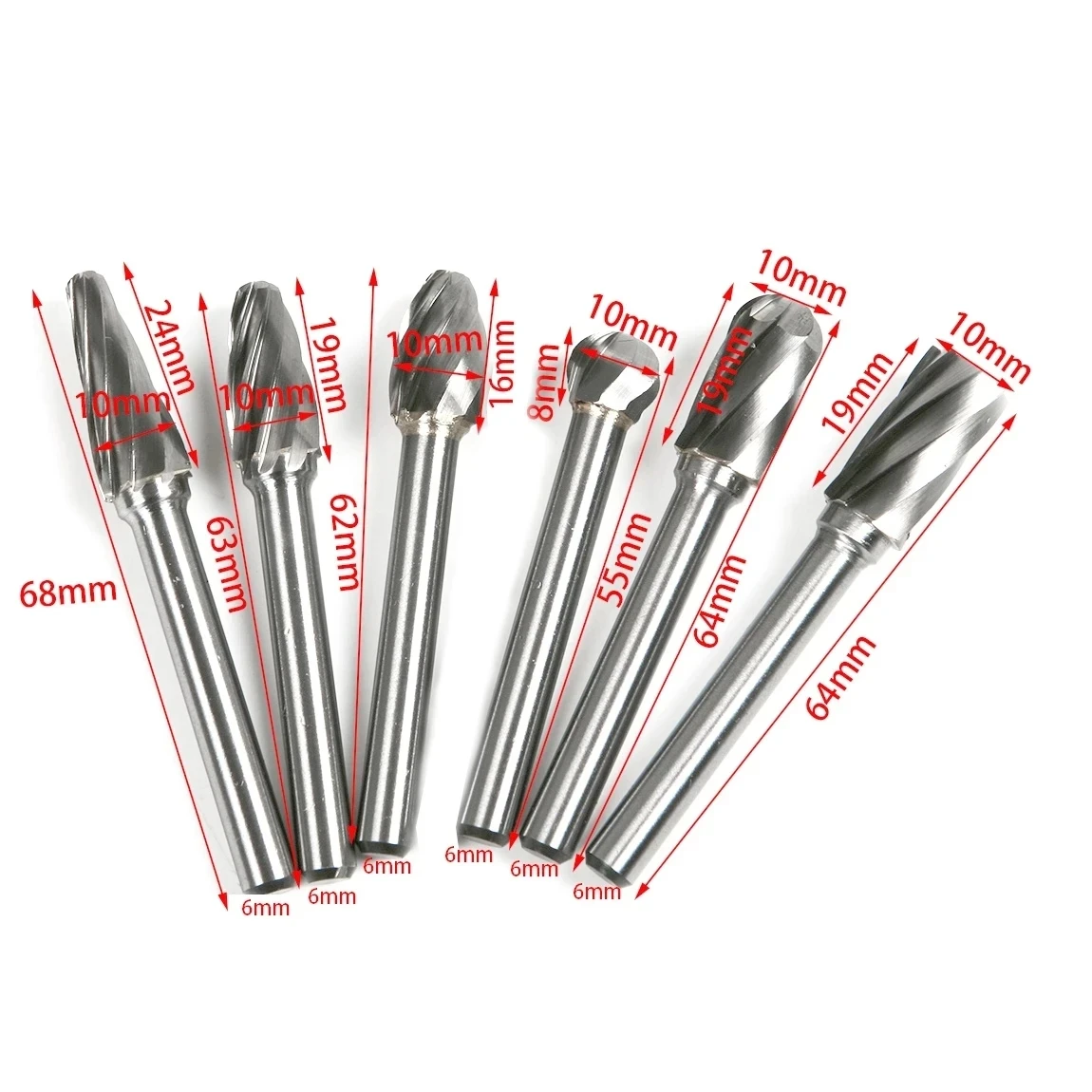Description Picture 2 of itemFixmee 6pcs 6*10mm ACDEFL Tungsten Carbide 8 Flutes Rotary Burrs Point File Cutter Drill Bit