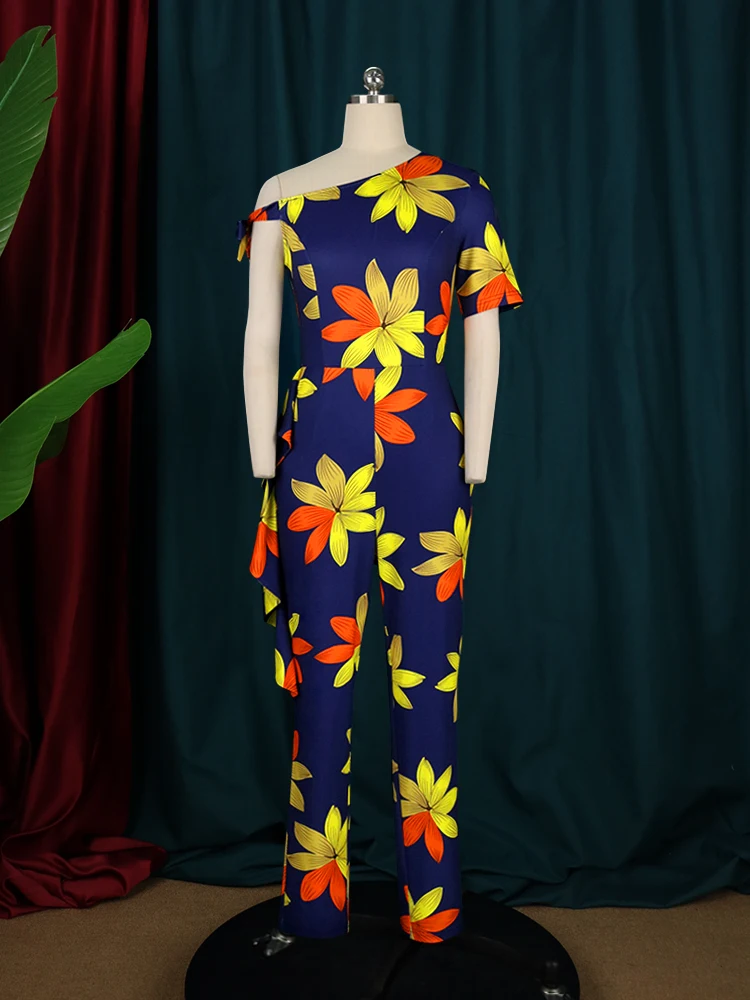 Plus Size Jumpsuits Women One Shoulder Short Sleeve Floral Printed High Waist Penceil Rompers Overalls 4XL One Piece Outfits
