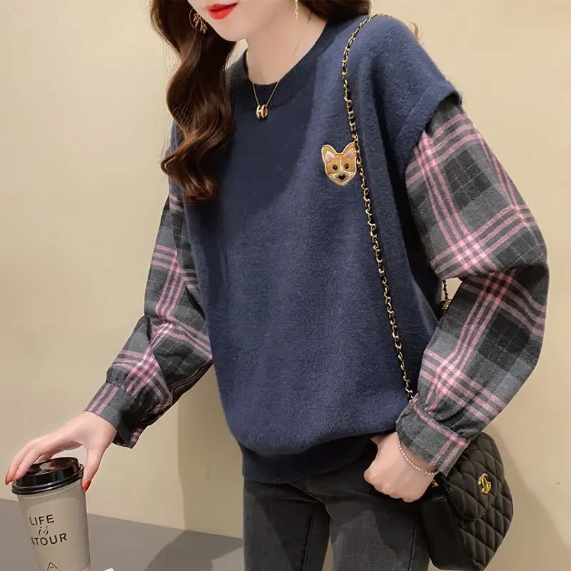 

Fashion Knitted Embroidery Plaid Fake Two Pieces Blouse Women's Clothing 2022 Autumn New Casual Pullovers Loose Korean Shirt