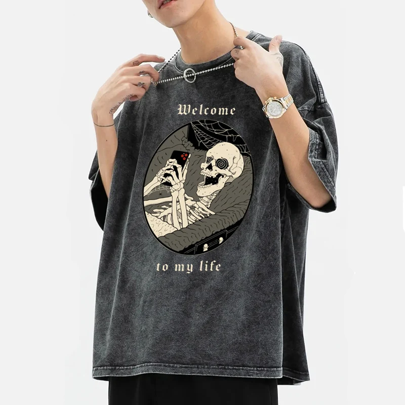 

Y2K European and American high street printed skull, distressed men's short sleeved T-shirt, men's trendy hip-hop loose washed