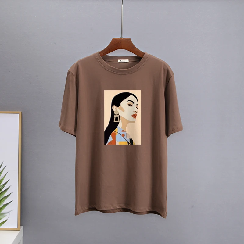 Hirsionsan – t-shirt en coton imprimé pour femme, haut Chic, ample, décontracté, esthétique, surdimensionné