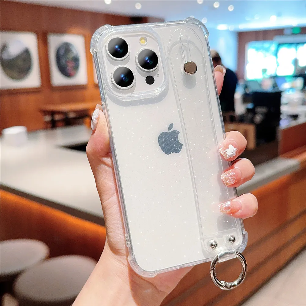 Bling Glitter Transparent Wrist Strap Phone Case with Holder Stand
