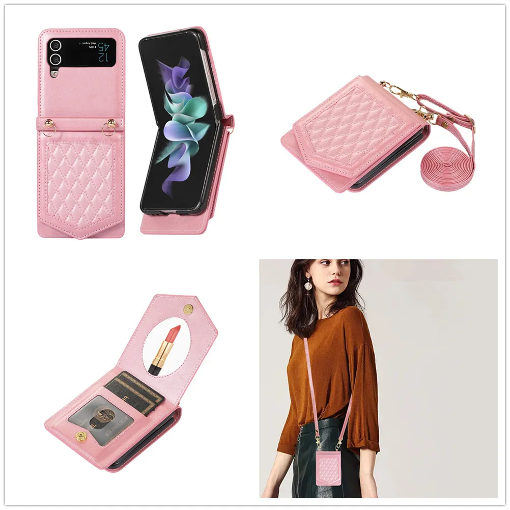 Elegant Mirror Crossbody Card Holder Case with Long Lanyard and Makeup Pocket in Leather