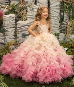 Розовое платье принцессы для девочек, кружевные пышные платья с цветами для девочек, милое платье для дня рождения для девочек, платье для свадебной вечеринки, детское платье