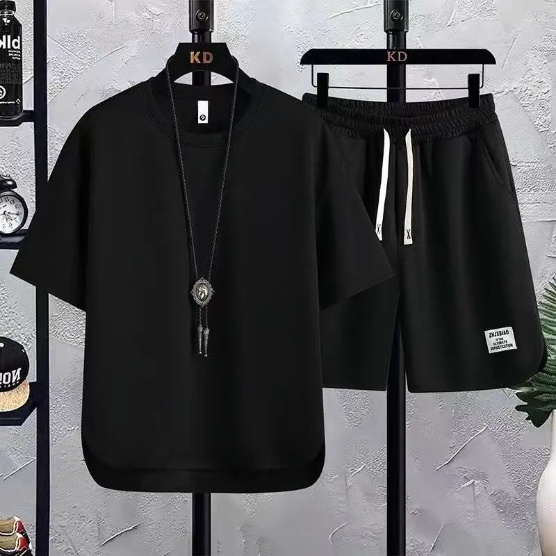 Summer Korean Trend Versatile Casual Sets Men Solid Round Neck Short Sleeved Top Elastic Waist Drawstring Pocket Sports Shorts