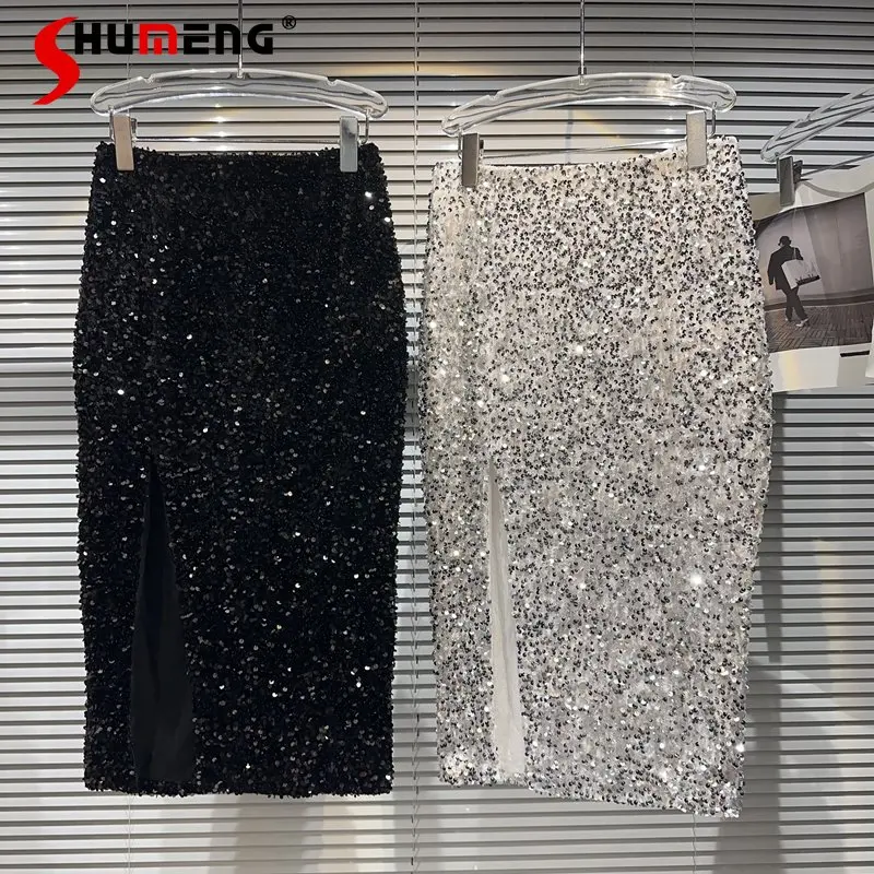 

Mid-length Hip Skirt for Women 2023 Summer New European Heavy Industry Full of Sequins High Slit Elastic Waist Skirt