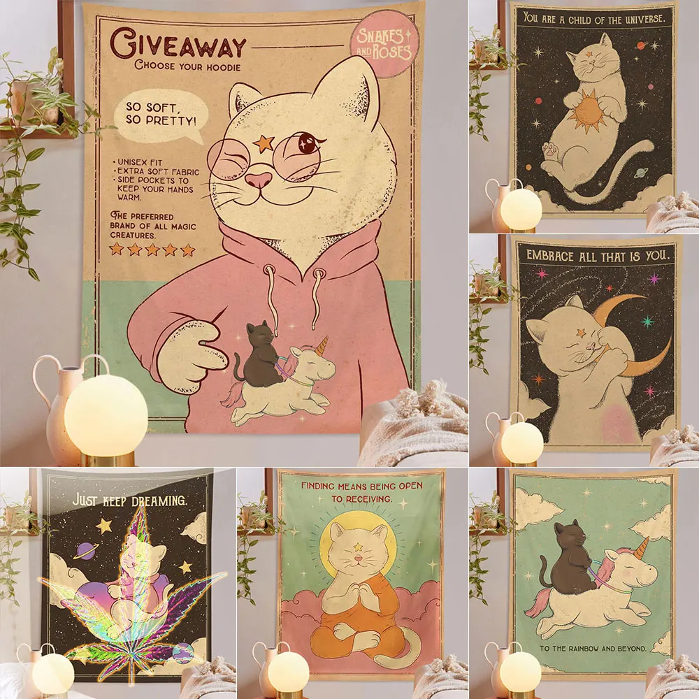 

Kawaii Comic Cute Cat Tapestry Room Decoration Hippie Psychedelic Moon Tarot Card Wall Hanging Aesthetic Fabric Home Room Decor