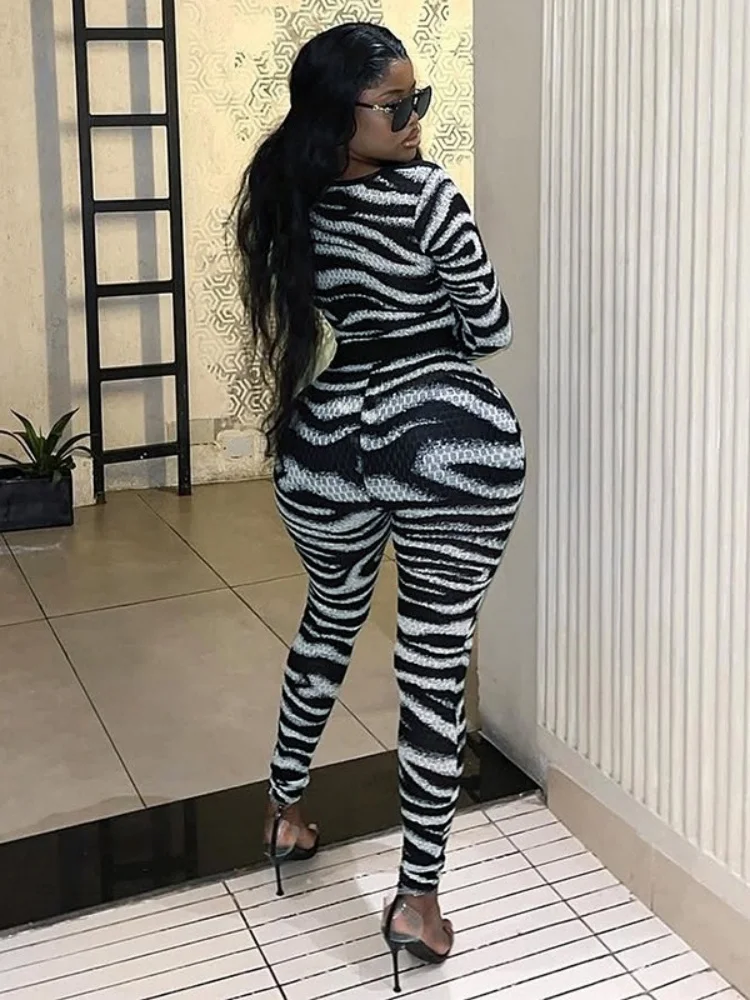 Wmstar Two Piece Sets Women Fashion Hollow Out Jumpsuit and Top Zebra Stripes Autumn and Winter Matching Suit 2025 New Style