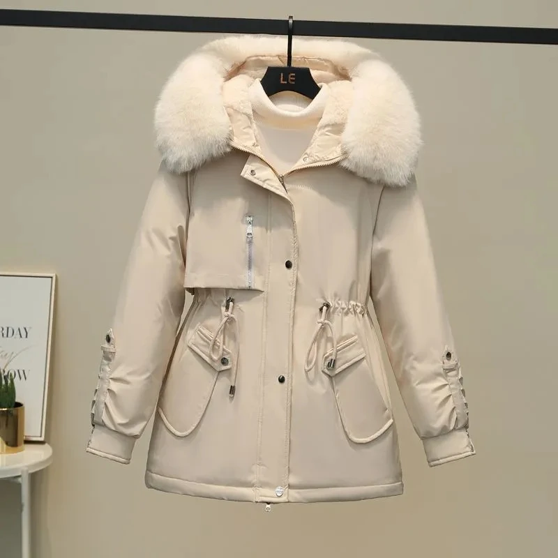

Pai Overcome Women Overcoat 2023 New Winter Long With Velvet Big Fur Collar Cotton-Padded Jacket Korean Thick Warm Parker Coat