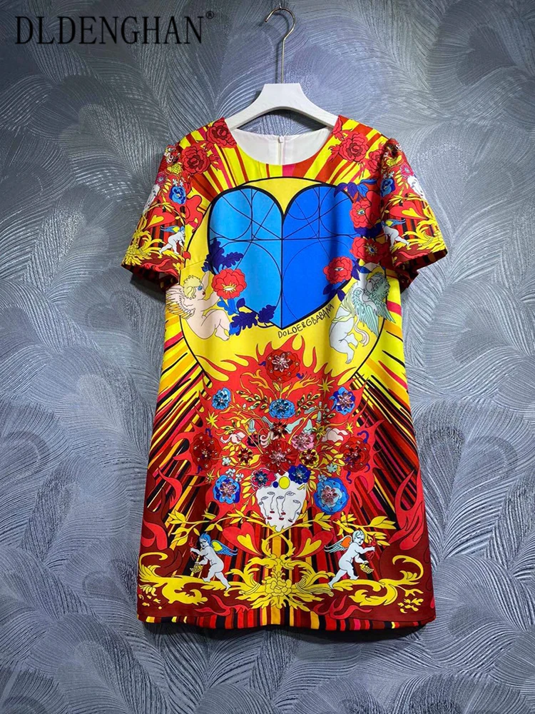 

DLDENGHAN Early Autumn Dress Women O-Neck hort Sleeve Floral Print Crystal Diamond Vintage Mini Dresses Fashion Designer New