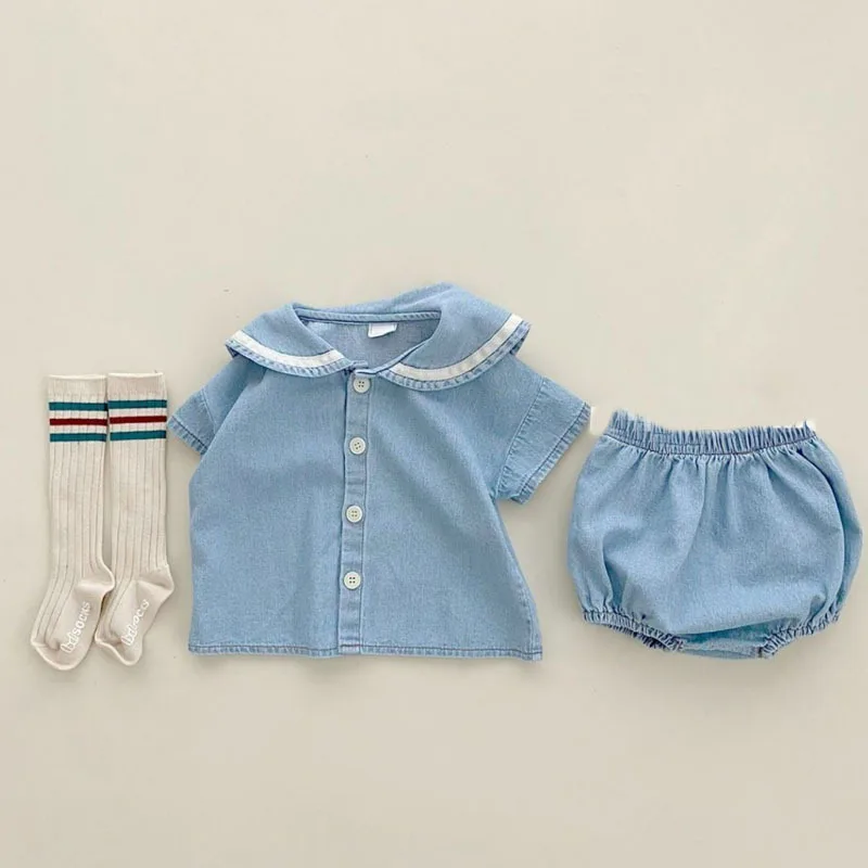 Denim Kids Set with Sailor Collar for 0 3 Years Old