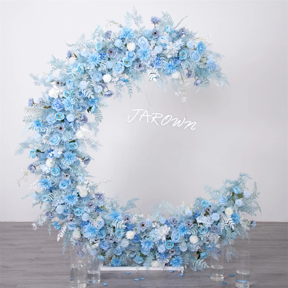 

Customized Wedding Backdrop Decor Artificial Blue Series Moon Shape Flower Arrangement Arch Decoration Baby Shower Party Props