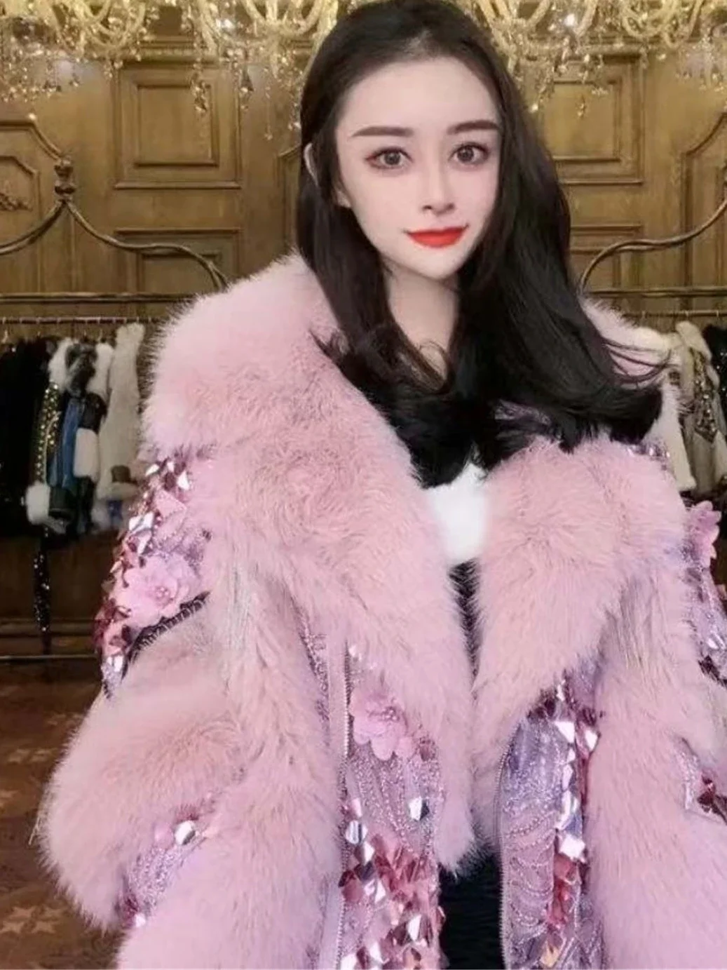 2023 Winter New Mid-Length Slim-Fit Toka Lamb Wool Faux Coat Women Loose Slimming Oversized 6XL Fat Girl Sequins Fur Jacket Lady