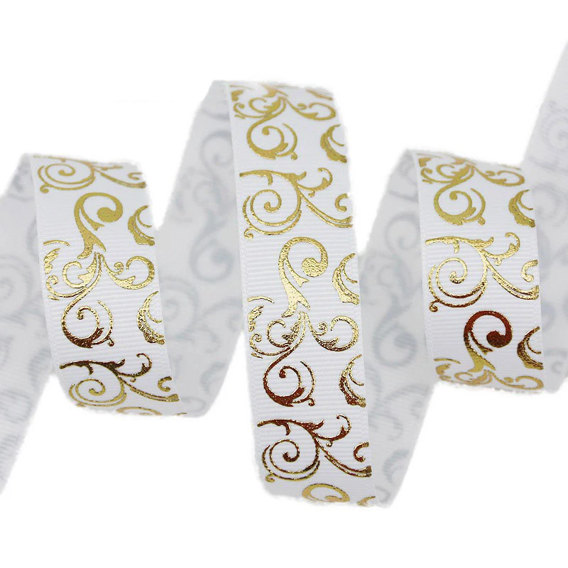 (10 Yards/lot)25mm Gold Hot Stamping Ribbons Printed Grosgrain Gift Packaging Wedding Accessories Materials Ribbon Decoration