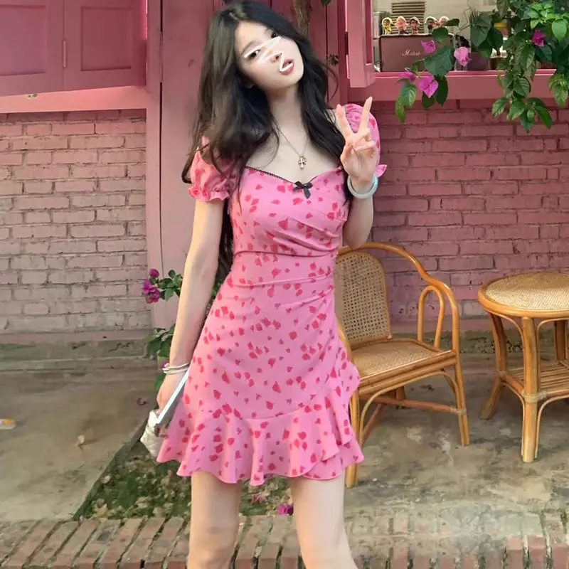 

Summer Dress Women Floral Square Collar Puff Sleeve Chiffon Robe Vestido Femme Ruffles Tunic Mini Dresses 2023 Vestidos De Mujer