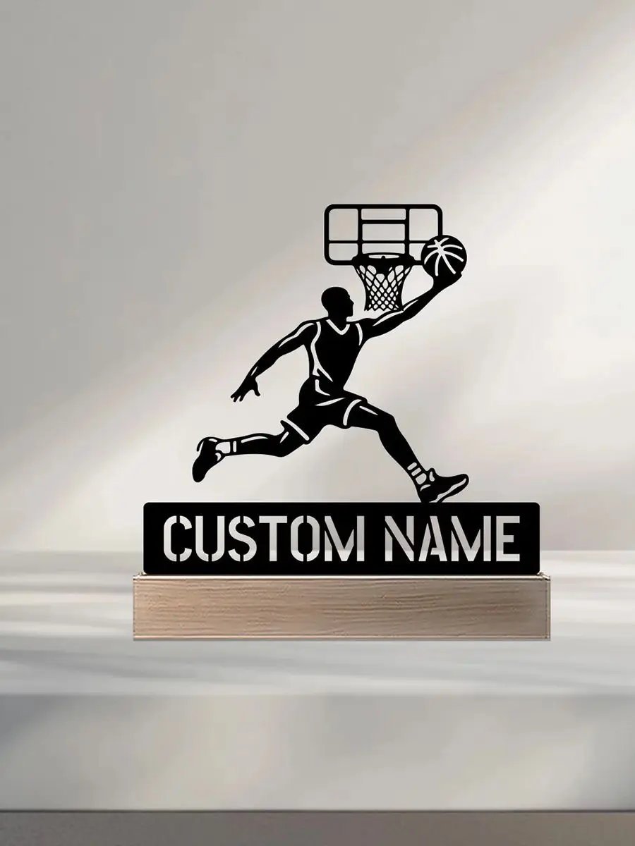 Statue basketball personnalisée en métal avec base bois