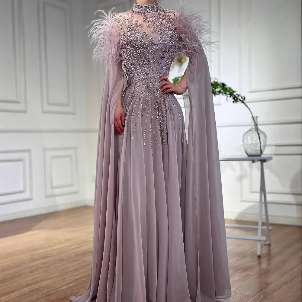 Arabic Turquoise High Neck Beaded A Line Evening Dress