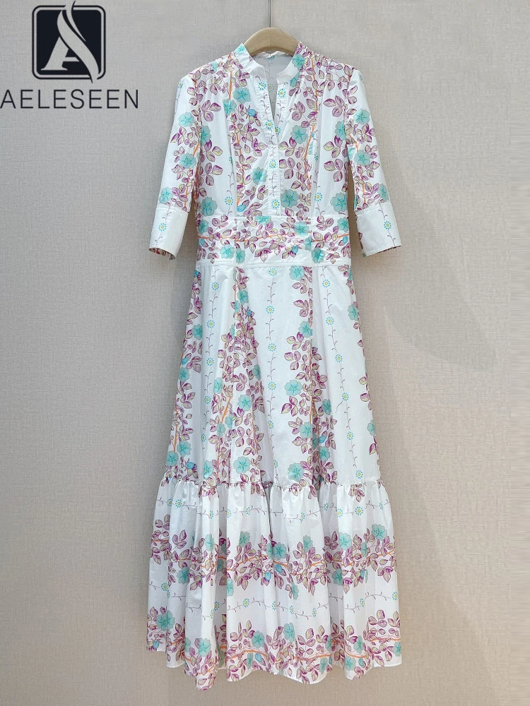 

AELESEEN Runway Fashion 100% Cotton Dress Women Spring Summer Half Sleeve V-Neck Flower Print Elegant Long Party Poplin