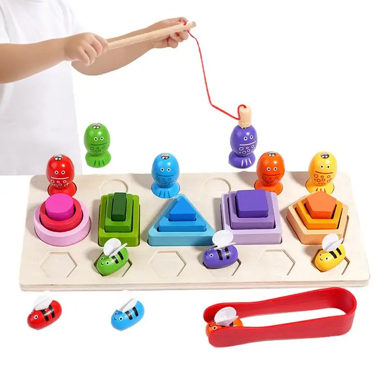 

Fishing Game Play Set Easy Play Wooden Fishing Toy With Colorful Shape Sorter Blocks Color Recognition Wooden Sorting & Stacking