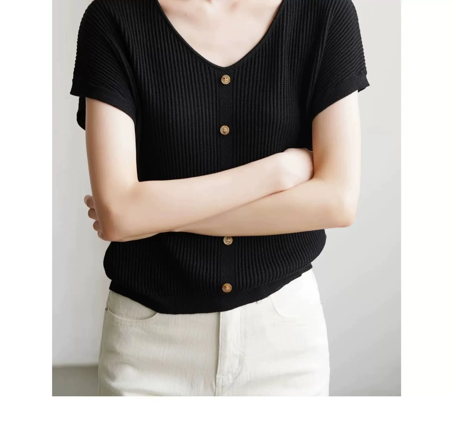 Senior sense of temperament V-neck ice silk knitwear women's summer casual loose short sleeve mulberry silk T-shirt slimming top