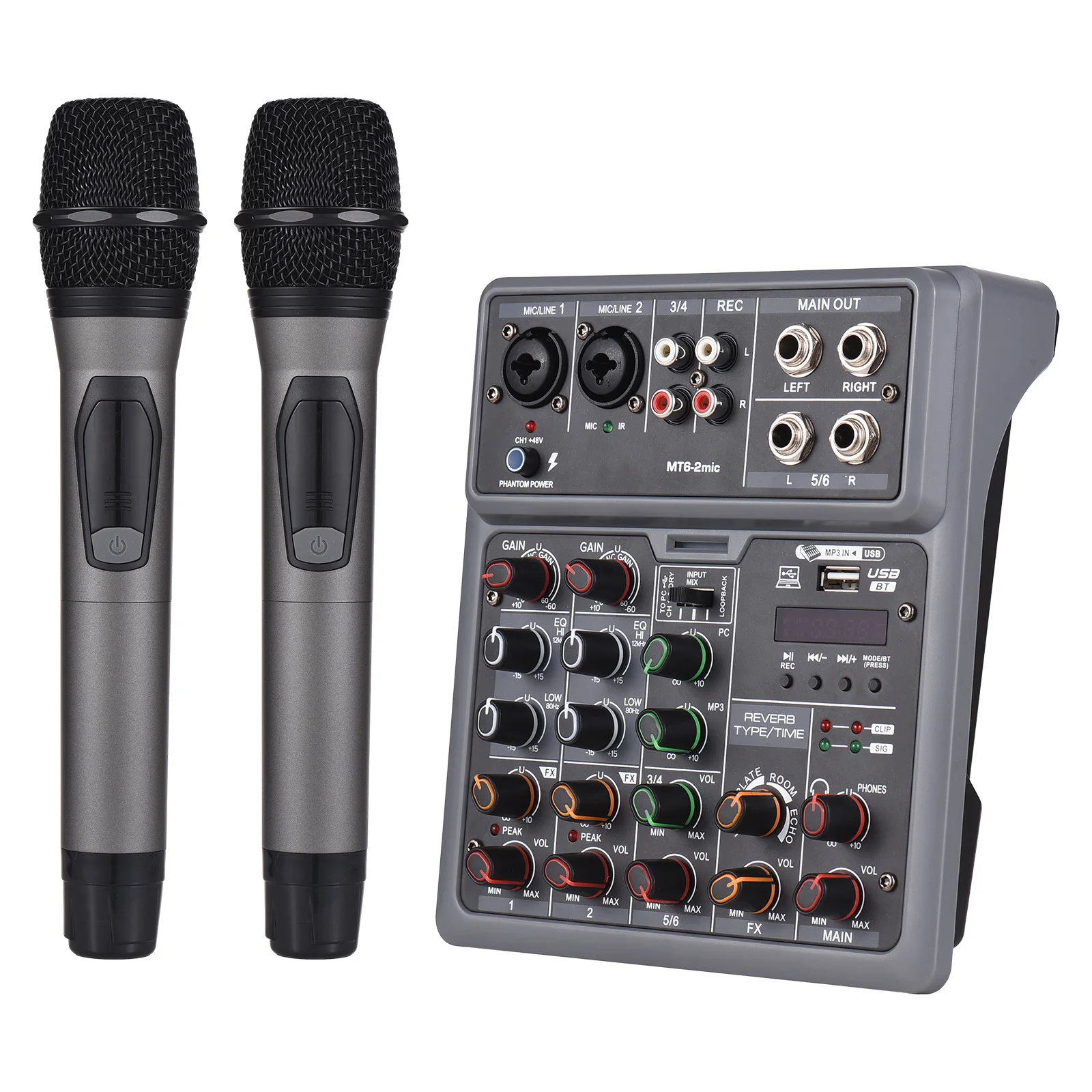 

Audio Mixer 6Channel Mixing Console Electronic Musical Instrument Accessories with 2Wireless Mic BT Mixer OTG 4DSP Scene Effects