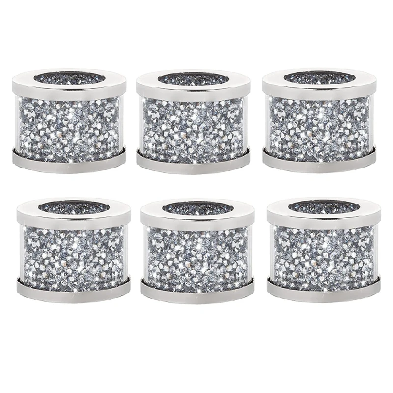 

6 Pack Crystal Glass Napkin Holder Silver Diamond Napkin Rings, Crushed Diamond Table Settings Bling Serviette Buckles Durable