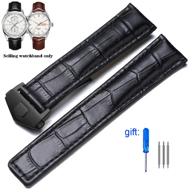 Genuine Leather Watch Strap - Black & Brown Adjustable Bracelet