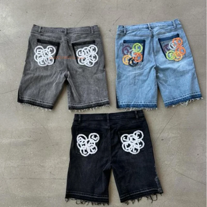 Denim Casual Shorts Men Ins Net Red Letters Patchwork Embroidery Design Denim Shorts American Retro Loose Street Couple Shorts