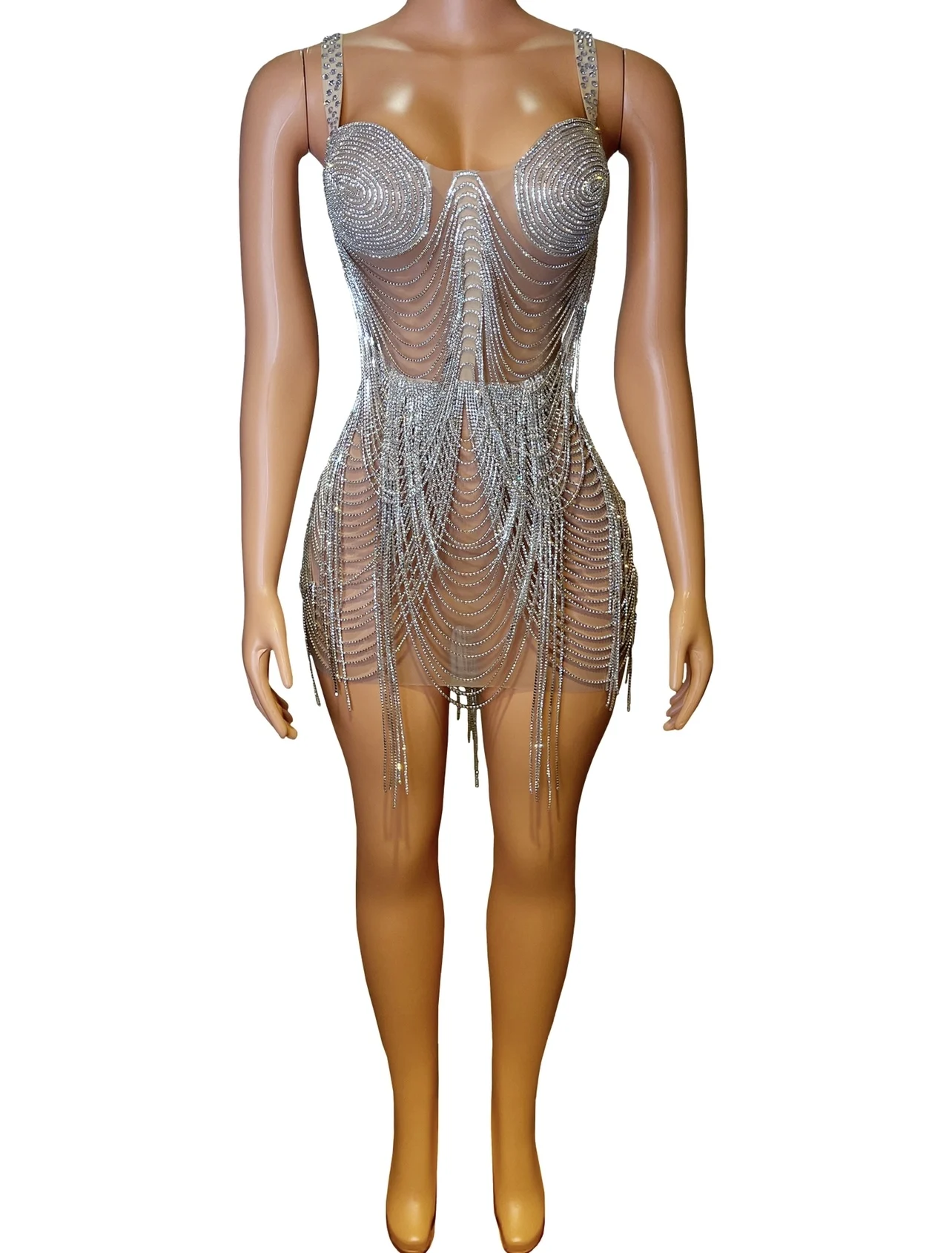 

Sparkly Silver Rhinestones Chains Crystals Fringes Outfit Women Show Costume Sexy Transparent Dress Evening Birthday Prom Party