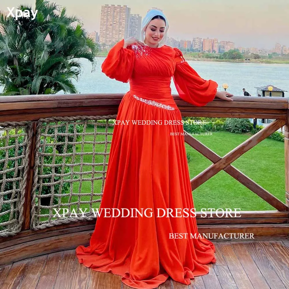

XPAY Red Chiffon Plus Size A Line Evening Dresses Crystal Beads Event Prom Gown Long Puff Sleeve Muslim Formal Occasion Dress