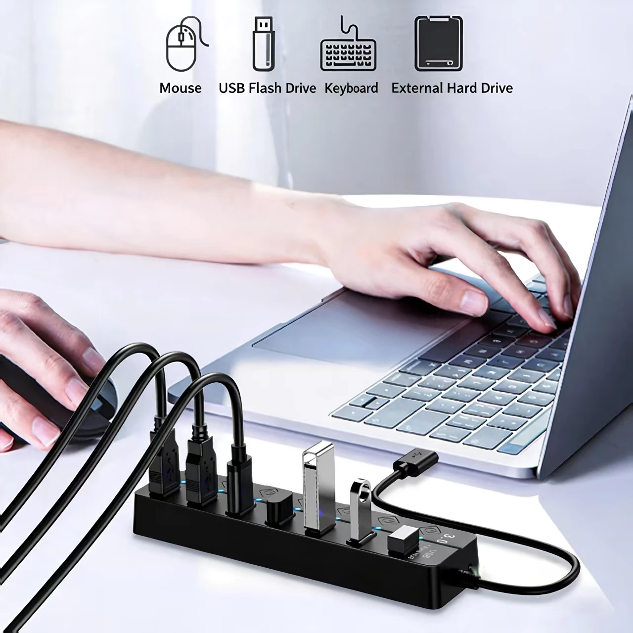 4/7-Port USB 3.0 HubLED Indicator, Individual Switch Control, CompatibleLaptops, Flash Drives, Hard Drives, Computer