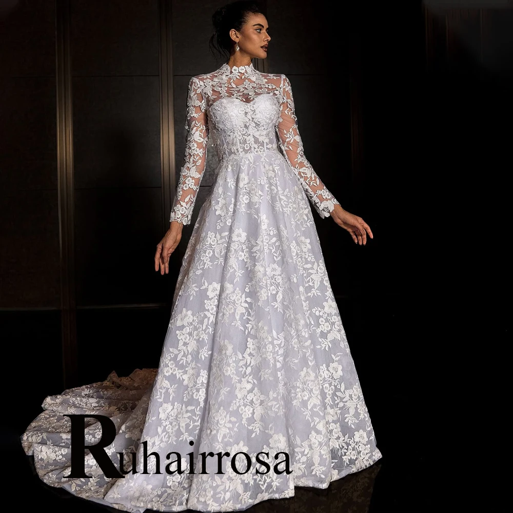 Ruhair Bohe Abiti da sposa a collo alto per la sposa Applicazioni in pizzo Corsetto A-line Piega Corte dei treni Abito Da Sposa Personalizzato - immagine 2