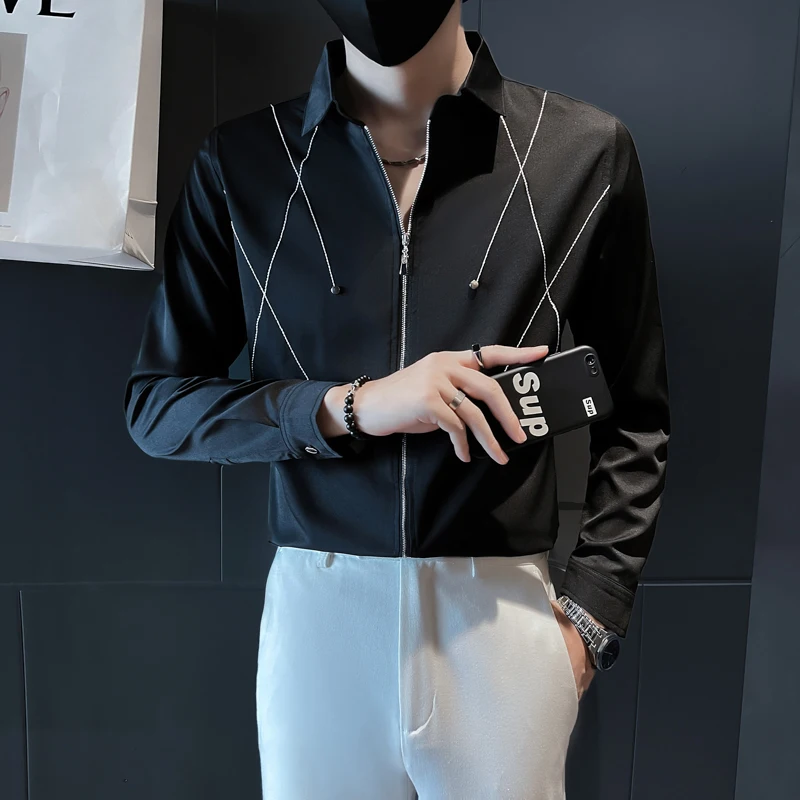 

2022 Men Spring High Quality Long Sleeved Shirt With Lapel Collar Zipper Design High Quality Long Sleeve Shirts Plus Size 4XL