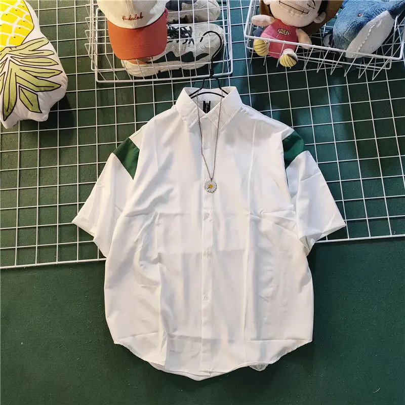 

2023 Summer Cool Men Short-sleeved Shirt Patchwork Solid Color Fashion Office Casual Loose Button Blouses Male Clothing Tops Y54