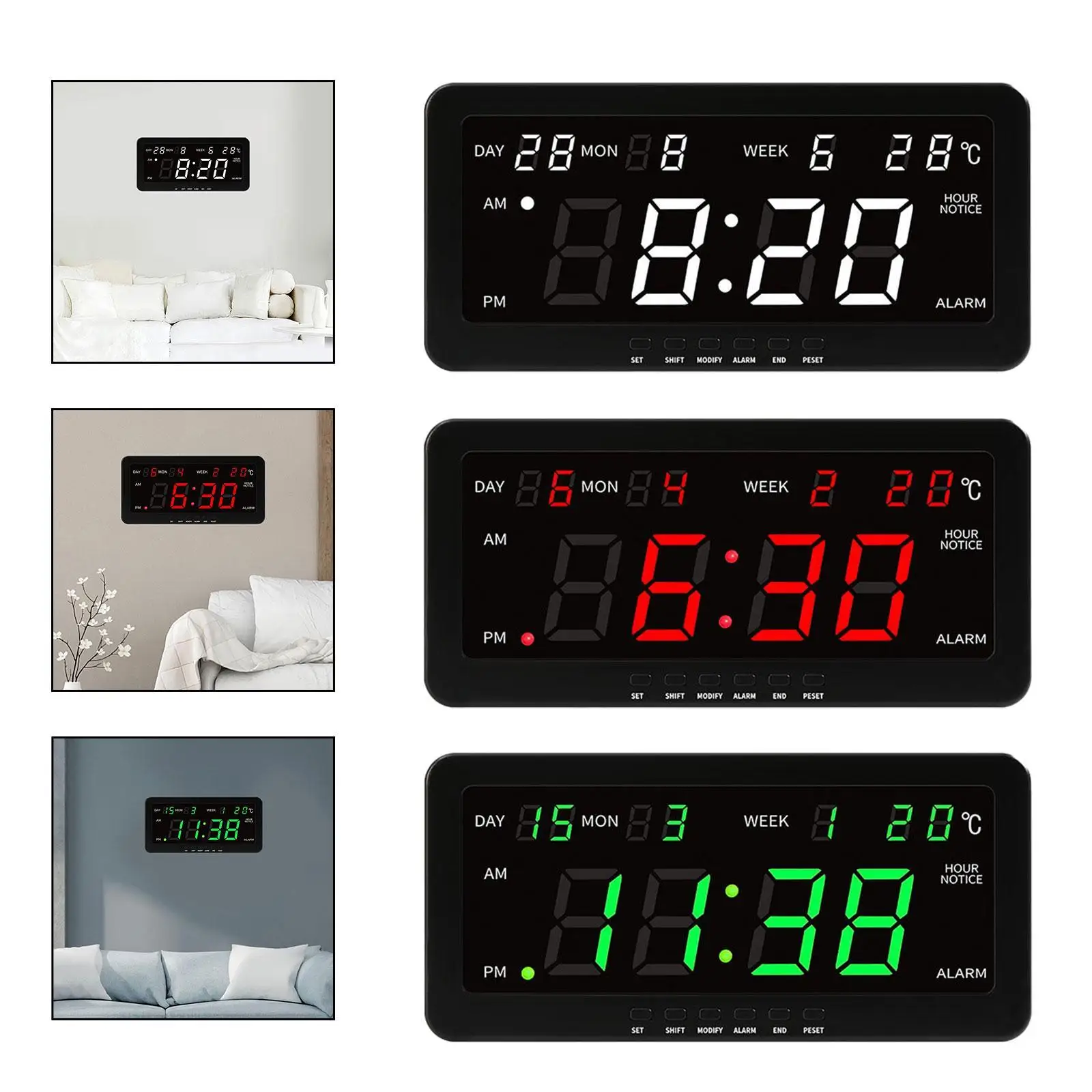 Digital Wall Clock Large Screen LED Display Temperature Date Week Alarm Modern Silent Hanging Clock for Living Room Bedroom